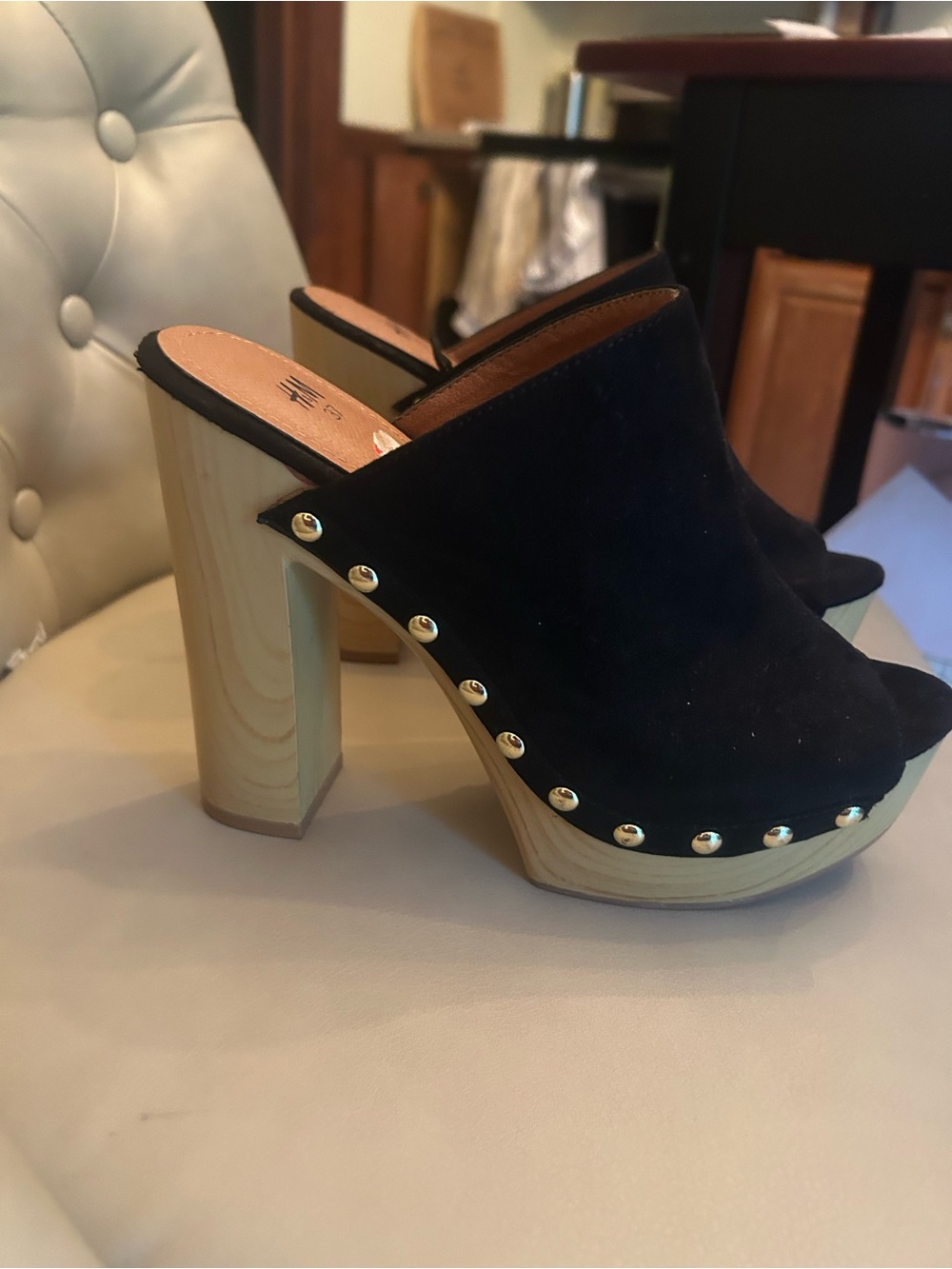 H&M Black Suede Platform Clog Mules with Gold Studs